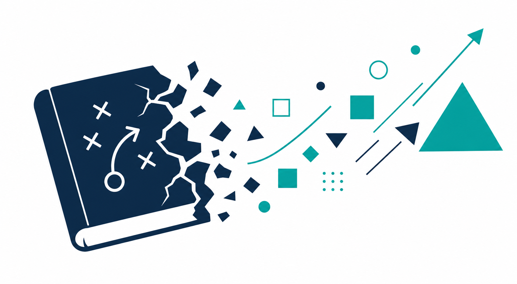 Illustration of a navy playbook cracking open with teal geometric shapes bursting out, representing an outdated marketing playbook breaking apart